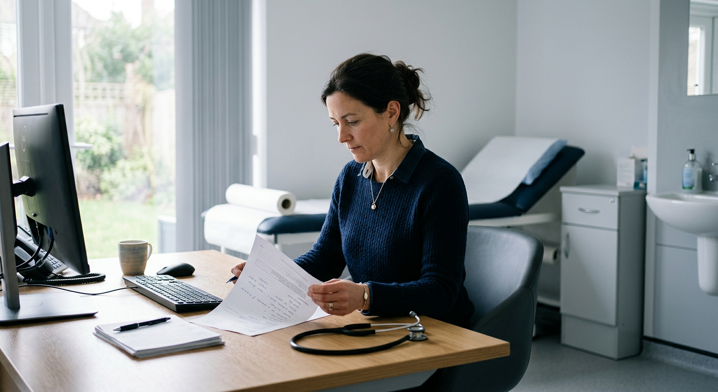 A doctor reviewing a printed medical report at a desk in a calm consulting room